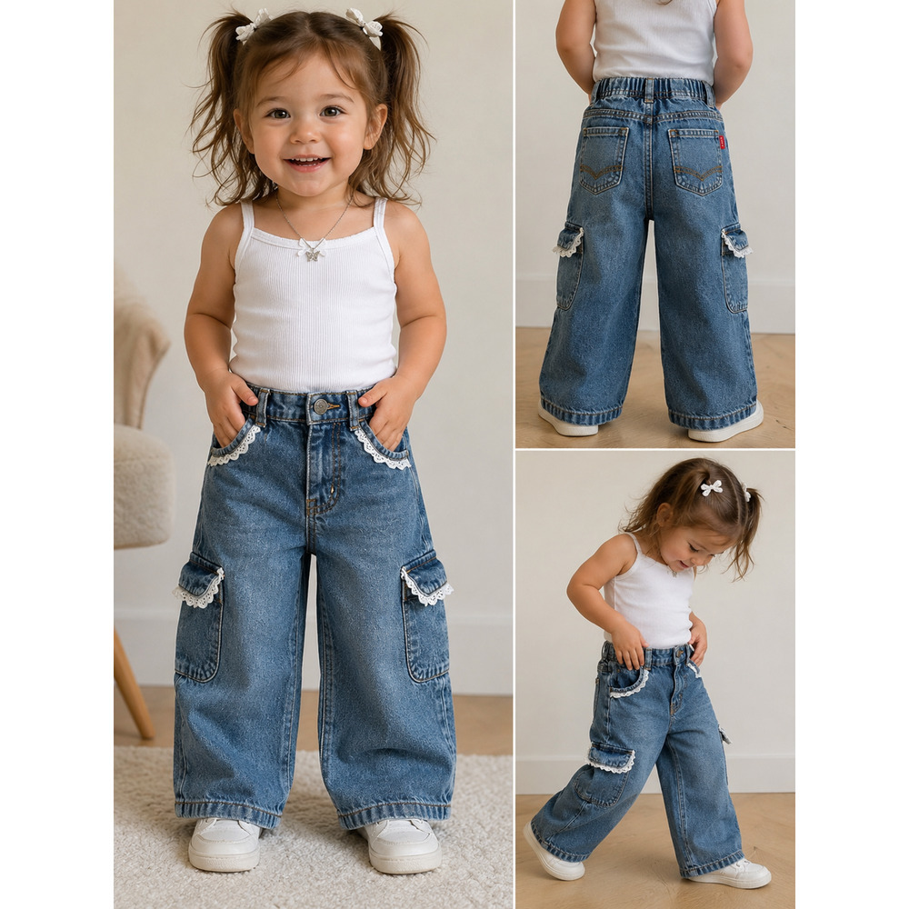 Vintage Cherokee Girls Lace Trim Cargo Jeans 2T Y2K Wide Leg Denim Pants